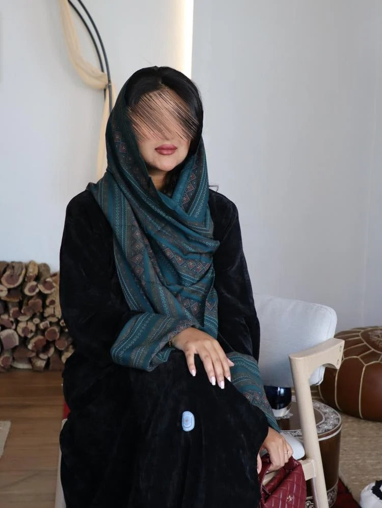 Black patterned velvet crepe winter abaya with colored cashmere fabric insert