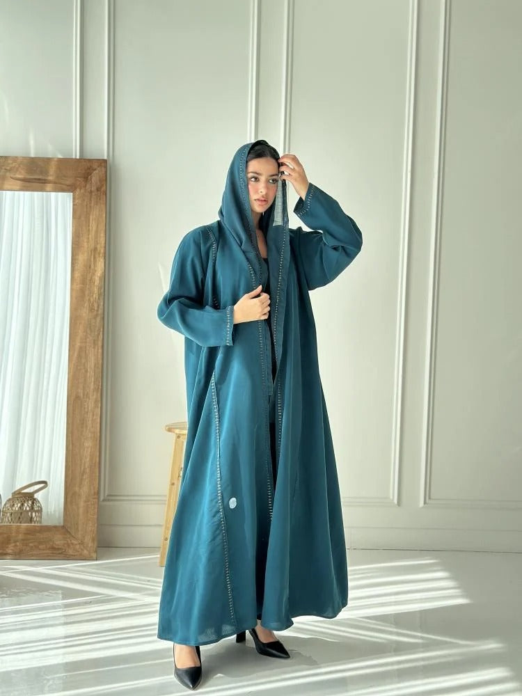 Turquoise abaya with front and back embroidery