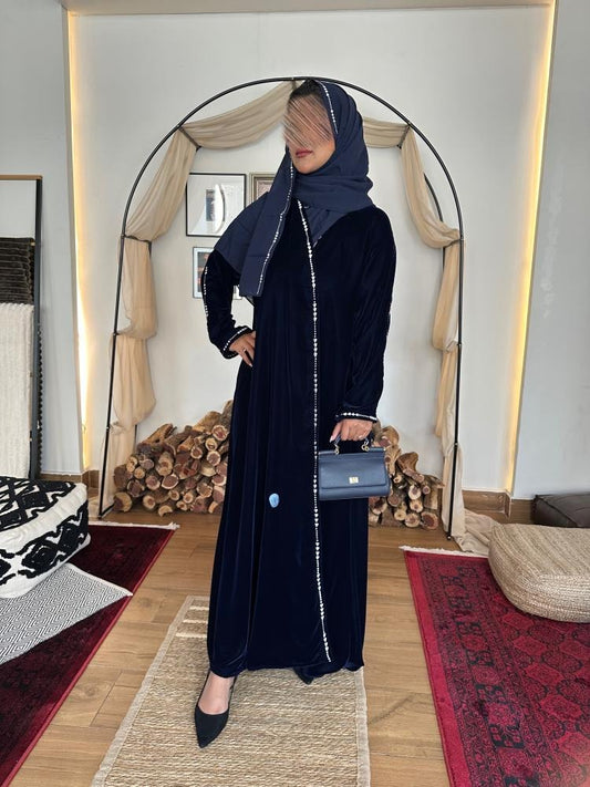 Navy blue winter velvet abaya decorated with luxurious silver embroidery