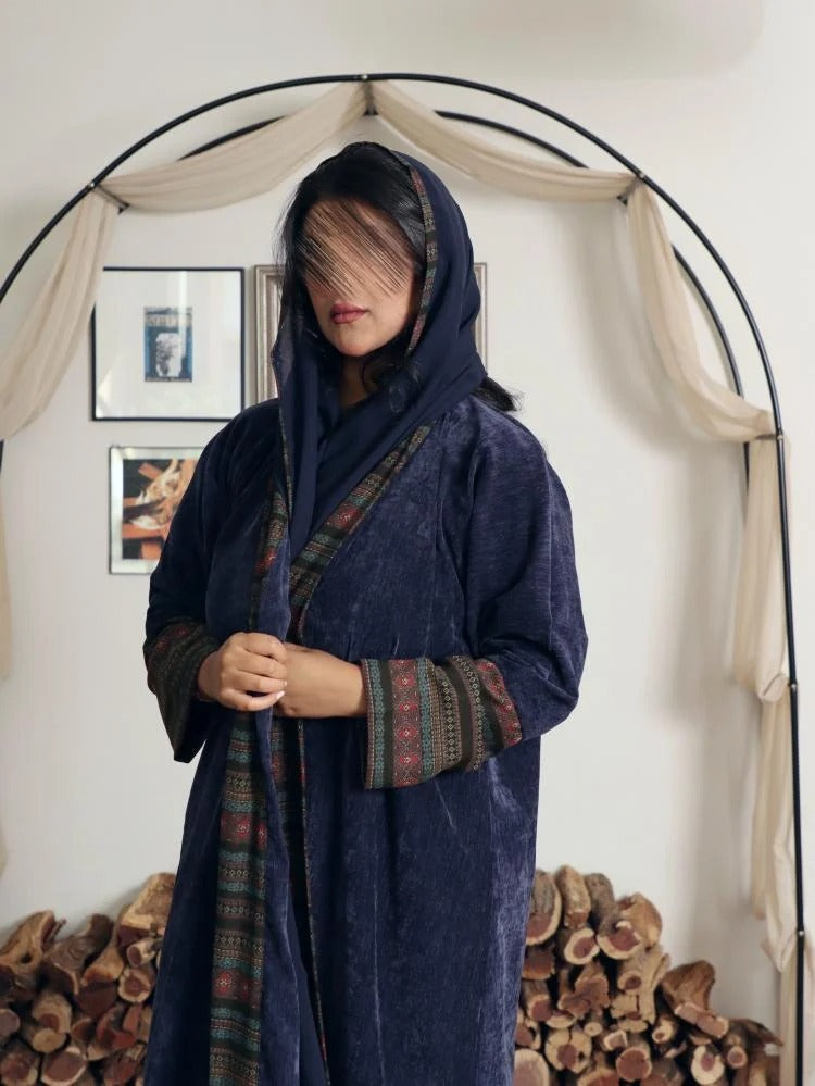 Navy blue patterned velvet crepe winter abaya with colored cashmere fabric insert