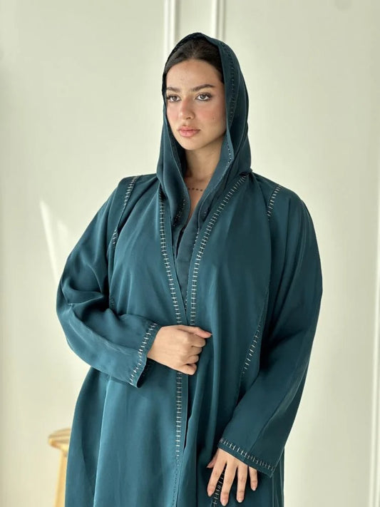 Turquoise abaya with front and back embroidery