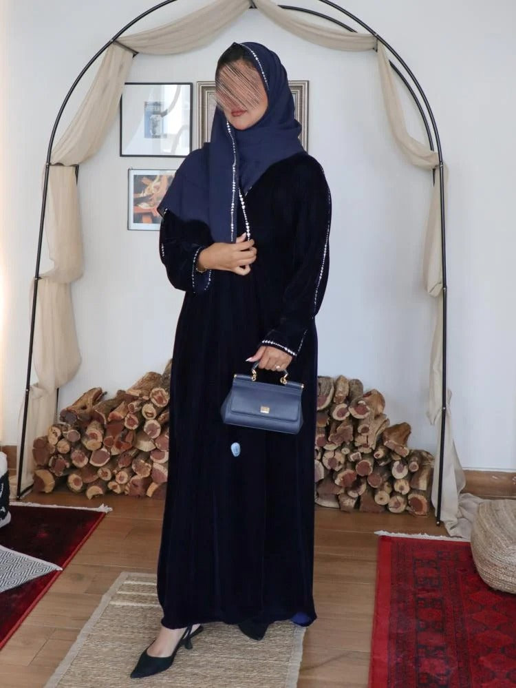 Navy blue winter velvet abaya decorated with luxurious silver embroidery