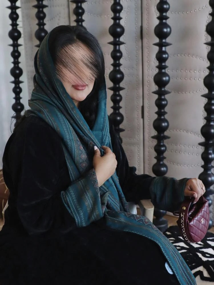 Black patterned velvet crepe winter abaya with colored cashmere fabric insert