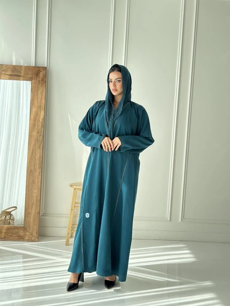 Turquoise abaya with front and back embroidery