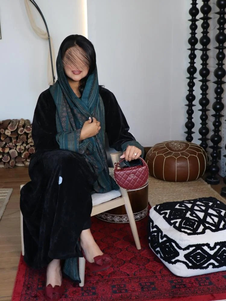 Black patterned velvet crepe winter abaya with colored cashmere fabric insert