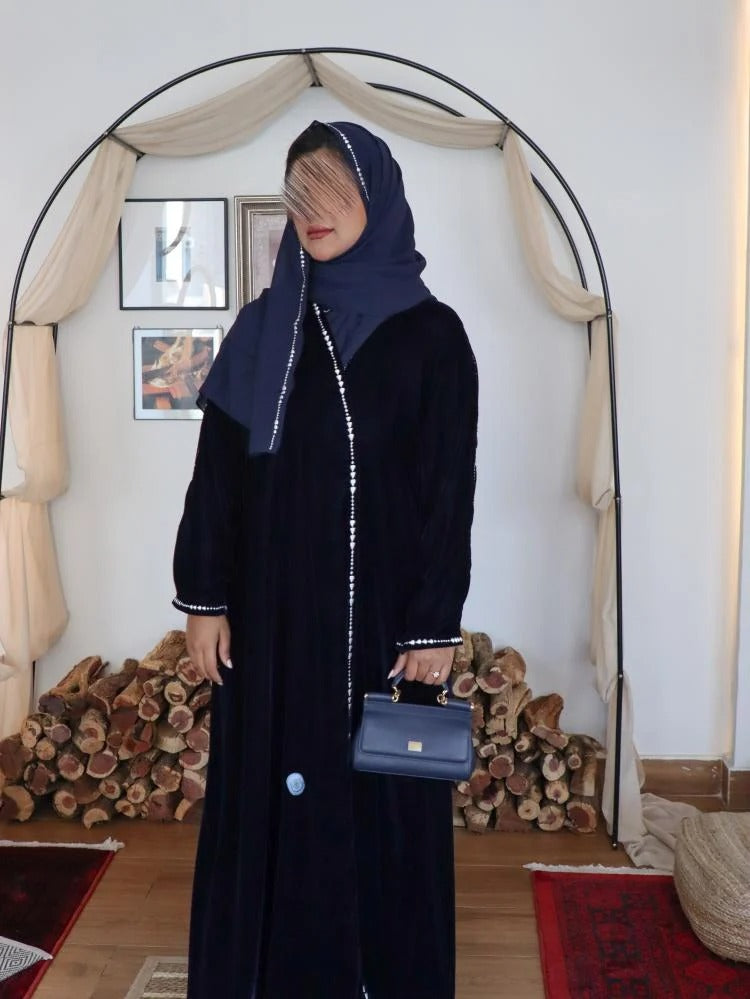 Navy blue winter velvet abaya decorated with luxurious silver embroidery