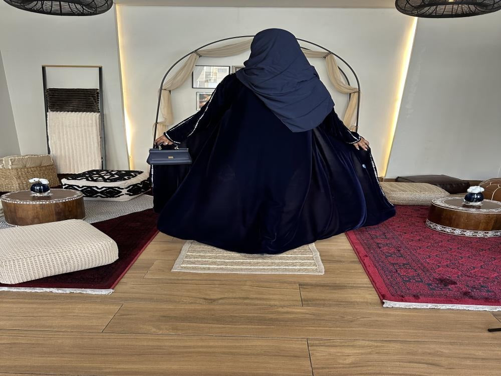 Navy blue winter velvet abaya decorated with luxurious silver embroidery