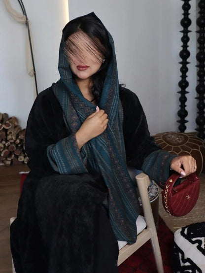 Black patterned velvet crepe winter abaya with colored cashmere fabric insert