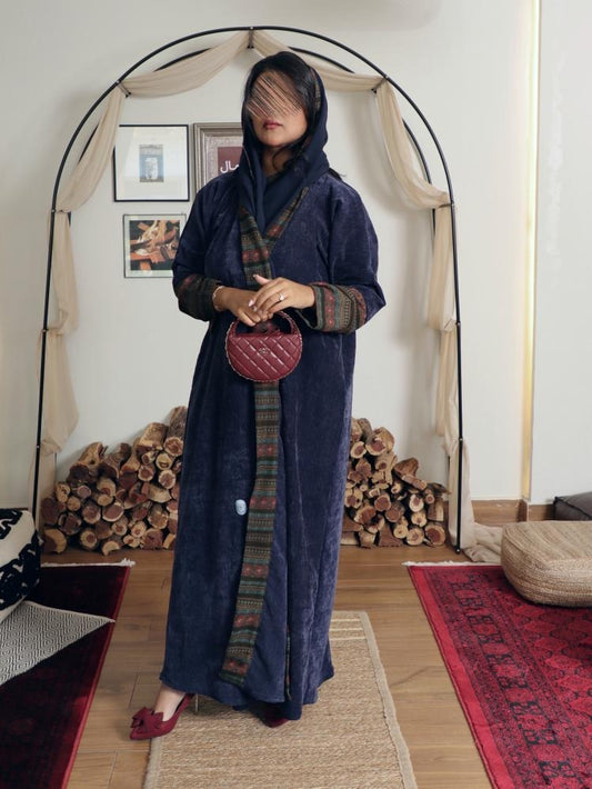 Navy blue patterned velvet crepe winter abaya with colored cashmere fabric insert