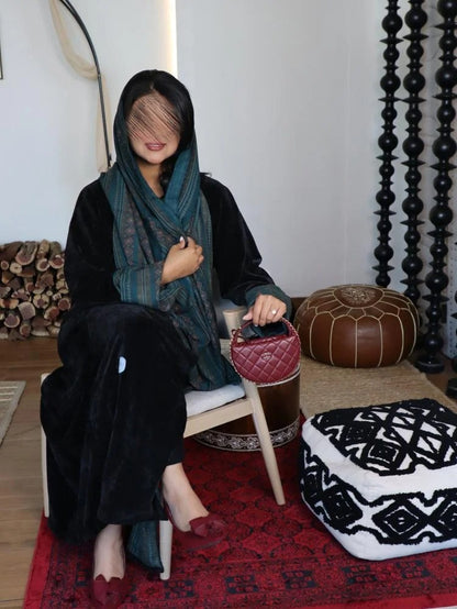 Black patterned velvet crepe winter abaya with colored cashmere fabric insert