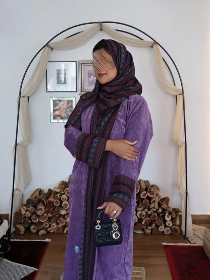 Purple patterned velvet crepe winter abaya with colored cashmere fabric insert