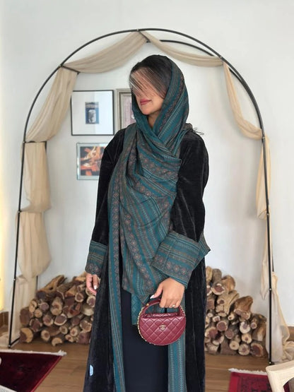 Black patterned velvet crepe winter abaya with colored cashmere fabric insert