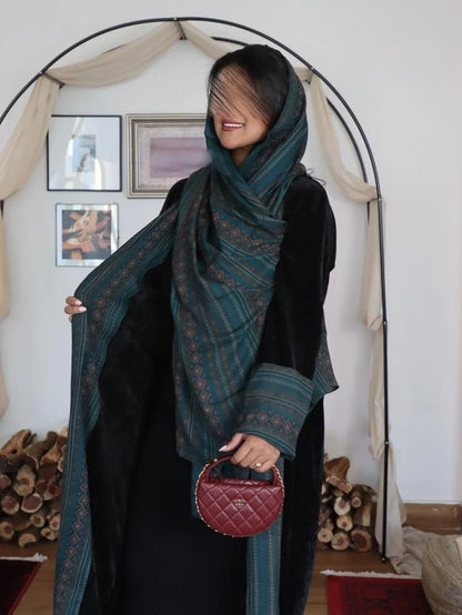 Black patterned velvet crepe winter abaya with colored cashmere fabric insert